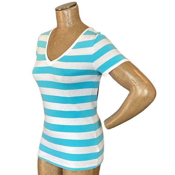 Merona Ultimate Tee Polo Stripe V-Neck Short Sleeve Turquoise & White Sz M 103U - Picture 2 of 6